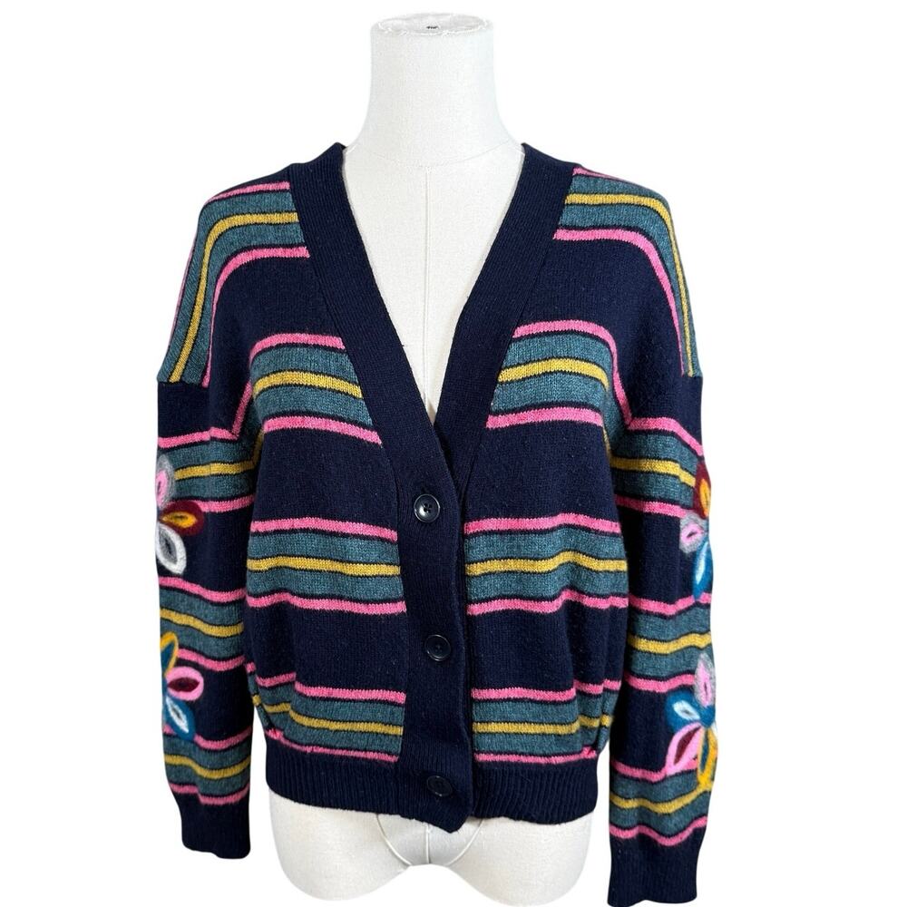 Moth Floral Embroidered Cardigan Wool Cashmere Blend Pleated Back XS Boho